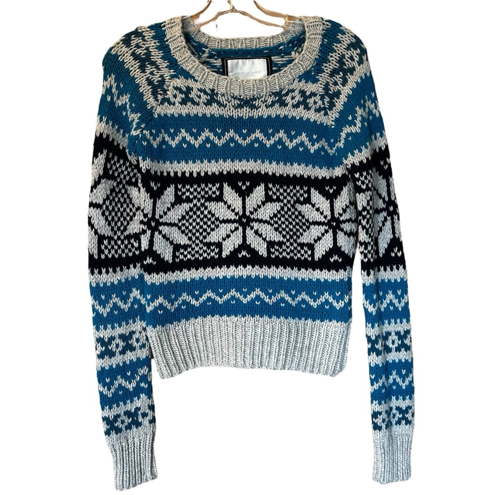 American Eagle Alpine Pattern Crewneck Pullover Sweater Blue/Navy/Gray Sz Med